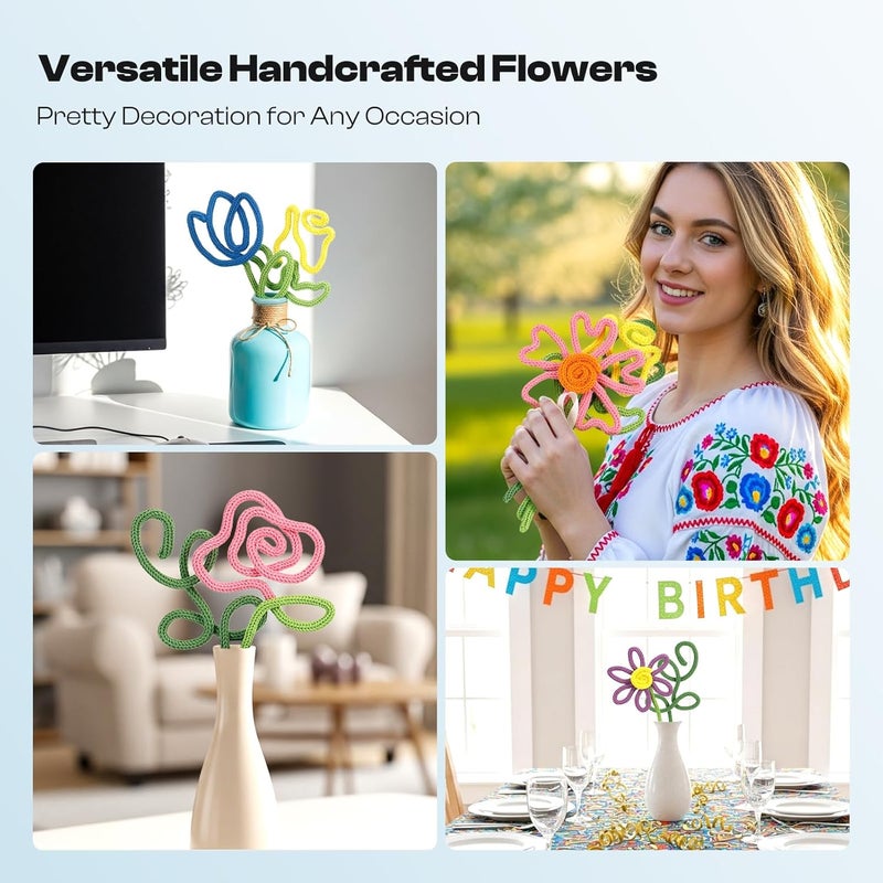 Caydo i Cord Flower Making Kit with 20 Flowers & 4 Leaves Templates, 10pcs Yarn and 82ft Craft Wire Kits for Beginner, DIY Florals Handicraft Making Kit, Learn to Knitting iCord with i Cord Maker Tool - Image 4